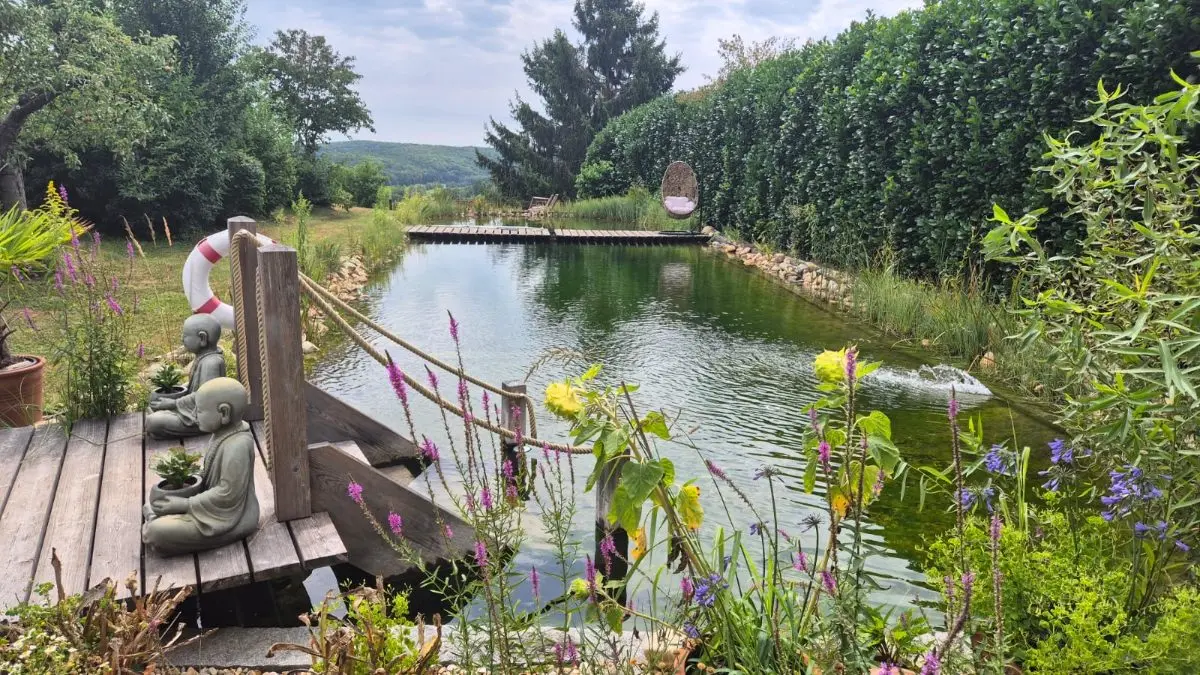 Naturteich mit Steg am Yogahof Kukmirn